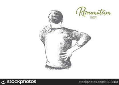 Rheumatism concept. Hand drawn man suffering from back and neck pain. Muscle spasm, rheumatism isolated vector illustration.. Rheumatism concept. Hand drawn isolated vector.