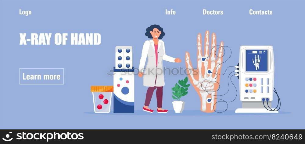 Rheumatoid arthritis of the hand. Tiny doctors treat rheumatism, osteoarthritis, make ultrasound, x ray. Phalanges of hand. World arthritis day in October. Flat concept vector for web, app.. Rheumatoid arthritis of the hand. Tiny doctors treat rheumatism, osteoarthritis, make ultrasound, x ray.