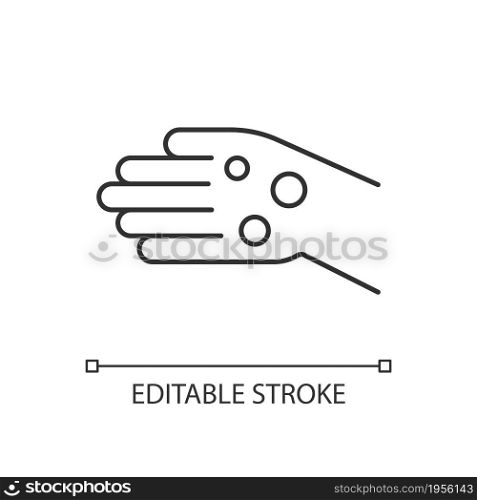 Rheumatoid nodules linear icon. Painless masses under skin. Malformations in bone. Firm bumps. Thin line customizable illustration. Contour symbol. Vector isolated outline drawing. Editable stroke. Rheumatoid nodules linear icon