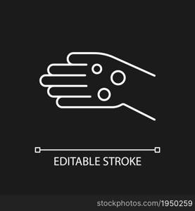 Rheumatoid nodules white linear icon for dark theme. Masses under skin. Malformations in bone. Thin line customizable illustration. Isolated vector contour symbol for night mode. Editable stroke. Rheumatoid nodules white linear icon for dark theme