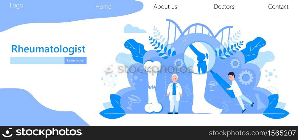Rheumatologist vector concept. Osteoporosis world day,. Tiny doctors research osteoarthritis anatomical bones of human. Knee joint pain, fragility of lower leg are shown for landing page.. Rheumatologist vector concept. Osteoporosis world day,. Tiny doctors research osteoarthritis anatomical bones of human. Knee joint pain, fragility of lower leg are shown for landing pages.