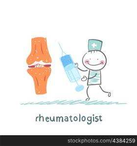 rheumatologist with a syringe in his hand standing near the joint of the leg man