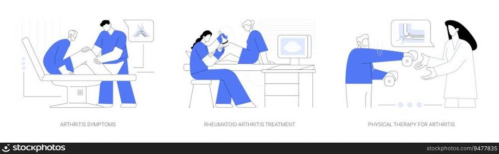 Rheumatology abstract concept vector illustration set. Arthritis symptoms, rheumatoid arthritis treatment, physical therapy rehabilitation, injection for chronic joint pain abstract metaphor.. Rheumatology abstract concept vector illustrations.