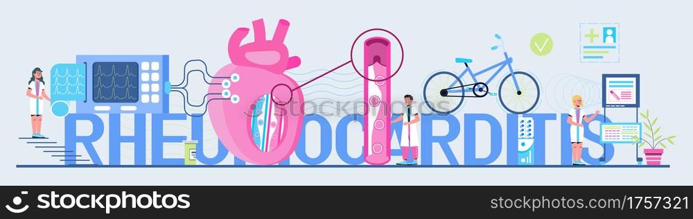 Rheumocarditis concept vector for medical website, header, blog. Heart attack, cardiac infarction with tiny doctors, cardiogram, artery, heart are shown.. Rheumocarditis concept vector for medical website, header, blog. Heart attack, cardiac infarction with tiny doctors, cardiogram, artery, heart