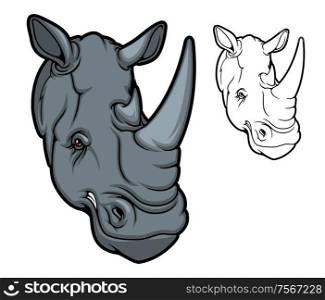 Rhino animal head mascot, two horned cartoon black rhinoceros. Angry african savanna mammal with red eyes, isolated rhino for safari tour, hunting sport club or zoo design. Rhino or rhinoceros african animal mascot
