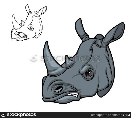 Rhino or rhinoceros animal head mascot of African safari, sport team and hunter club vector character. Angry black rhino wild mammal with two horns and aggressive muzzle. Rhino animal head mascot of black rhinoceros