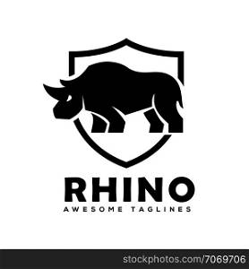 Rhino with shield logo vector, Rhinoceros shield logo monochrome color Business template