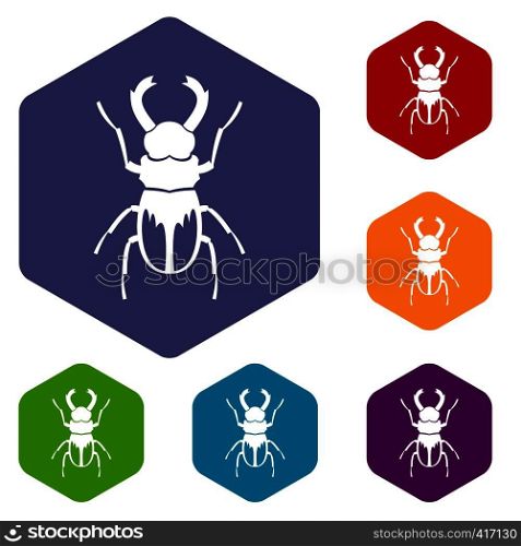 Rhinoceros beetle icons set rhombus in different colors isolated on white background. Rhinoceros beetle icons set