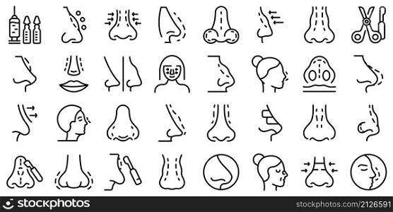 Rhinoplasty icons set outline vector. Human nose. Closed adjustment. Rhinoplasty icons set outline vector. Human nose
