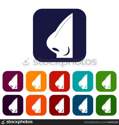 Rhinoplasty of nose icons set vector illustration in flat style In colors red, blue, green and other. Rhinoplasty of nose icons set flat