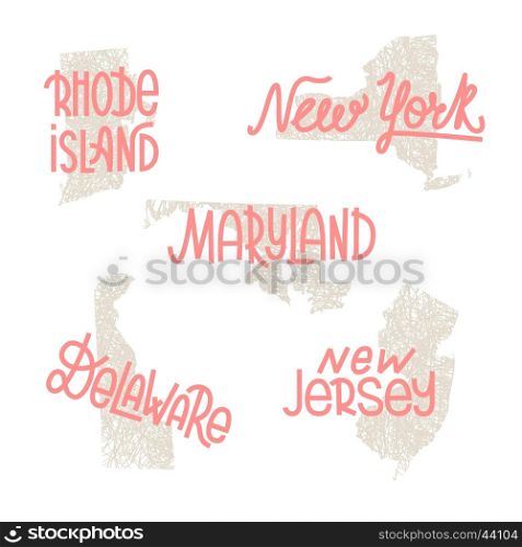 Rhode Island, New York, Maryland, Delaware, New Jersey USA state outline art with custom lettering for prints and crafts. United states of America wall art of individual states
