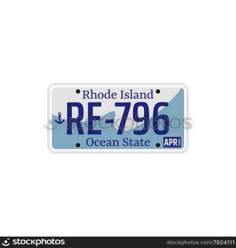 Rhode Island ocean USA state isolated car registration number. Vector vehicle plate with figures, license template. Registration number plate of Rhode Island isolated