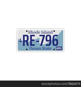 Rhode Island ocean USA state isolated car registration number. Vector vehicle plate with figures, license template. Registration number plate of Rhode Island isolated