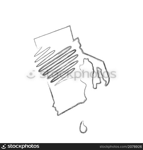 Rhode Island US state hand drawn pencil sketch outline map with heart shape. Continuous line drawing of patriotic home sign. A love for a small homeland. T-shirt print idea. Vector illustration.. Rhode Island US state hand drawn pencil sketch outline map with the handwritten heart shape. Vector illustration