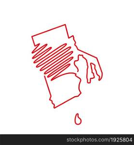Rhode Island US state red outline map with the handwritten heart shape. Continuous line drawing of patriotic home sign. A love for a small homeland. T-shirt print idea. Vector illustration.. Rhode Island US state red outline map with the handwritten heart shape. Vector illustration