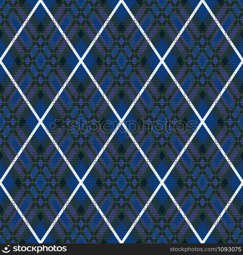 Rhombic seamless vector pattern as a tartan plaid in blue, violet and green hues with white lines