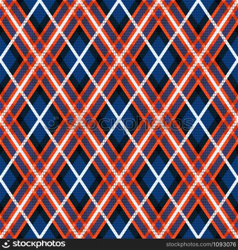 Rhombic seamless vector pattern as a tartan plaid in blue, violet, orange and white colors