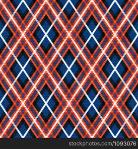 Rhombic seamless vector pattern as a tartan plaid in blue, violet, orange and white colors