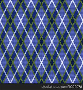 Rhombic seamless vector pattern as a tartan plaid mainly in blue hues with white and green lines