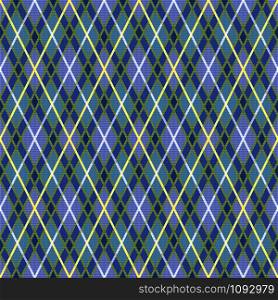 Rhombic seamless vector pattern as a tartan plaid mainly in blue muted hues with yellow, green and white lines