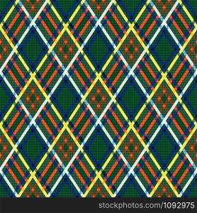 Rhombic seamless vector pattern as a tartan plaid mainly in green hues with blue, yellow, white and orange lines