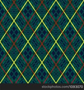 Rhombic seamless vector pattern as a tartan plaid mainly in green hues with yellow and red lines
