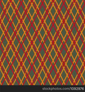 Rhombic seamless vector pattern as a tartan plaid mainly in khaki hues with red and orange lines