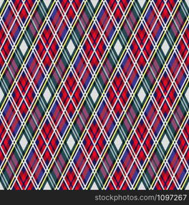 Rhombic seamless vector pattern as a tartan plaid mainly in red, blue, turquoise hues with yellow and white lines