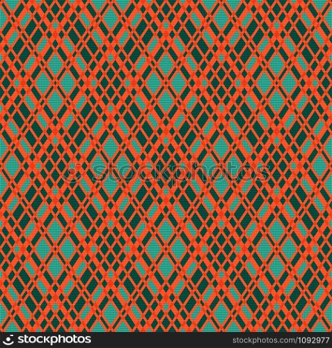 Rhombic seamless vector pattern as a tartan plaid mainly in turquoise and orange colors