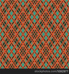 Rhombic seamless vector pattern as a tartan plaid mainly in turquoise and orange colors