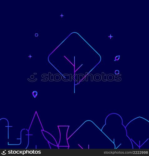Rhombus shaped tree gradient line vector icon, simple illustration on a dark blue background, forest, garden related bottom border.. Rhombus shaped tree gradient line icon, vector illustration