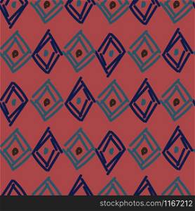 Rhombuses hand drawn abstract irregular shapes seamless pattern. Blue brown repeat background for wrap, textile and print design. Earthy colors texture objects.. Rhombuses hand drawn abstract irregular shapes seamless pattern. Blue brown repeat background for wrap, textile and print design.