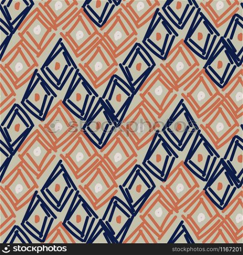 Rhombuses hand drawn abstract shapes seamless pattern. Blue brown repeat background for wrap, textile and print design. Earthy colors texture objects.. Rhombuses hand drawn abstract shapes seamless pattern. Blue brown repeat background for wrap, textile and print design.