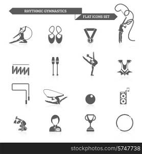 Rhythmic gymnastics and acrobatic fitness exercises black icons set isolated vector illustration