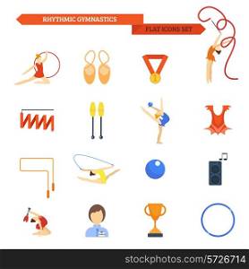 Rhythmic gymnastics icon flat set with female athletes with balls and bands isolated vector illustration