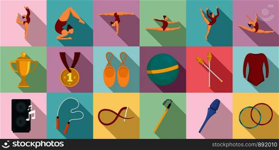 Rhythmic gymnastics icons set. Flat set of rhythmic gymnastics vector icons for web design. Rhythmic gymnastics icons set, flat style