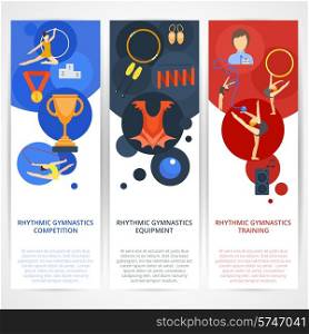 Rhythmics gymnastics vertical banners flat set with competition equipment training elements isolated vector illustration