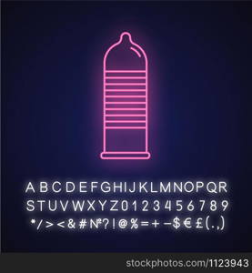 Ribbed condom neon light icon. Female, male contraceptive for safe sex. Preservative. Pregnancy prevention, birth control. Glowing sign with alphabet, numbers and symbols. Vector isolated illustration