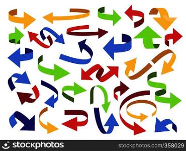 Ribbon 3d arrow. Flip arrows, colorful pointer and open icon. Curved tape arrow. Price up and down business presentation arrows, directional label or swirl web button. Vector isolated symbols set. Ribbon 3d arrow. Flip arrows, colorful pointer and open icon. Curved tape arrow vector symbols set