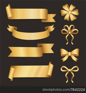 Ribbon and bow set on black background. Empty space on golden glossy tape. Decoration element knot and band collection. Shiny icon for package or gift, holiday strip for lettering greeting card vector. Greeting Card Ribbon and Bow Decoration Vector