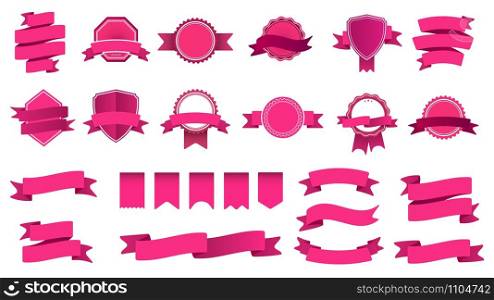 Ribbon banner badges. Frame with tape, abstract decorative shape badge and curved ribbons flat vector set. Collection of pink labels and stamps. Bright ceremonial objects with streamers and bend tapes. Ribbon banner badges. Frame with tape, abstract decorative shape badge and curved ribbons flat vector set. Collection of pink labels and stamps. Objects with banderole and pennants