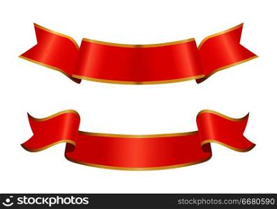 Ribbon icons of banners set of red stripes with borders. Decorative element designed to put text sample in it. Swirl with curly shaped ends vector. Ribbon Icons of Banners Set Vector Illustration