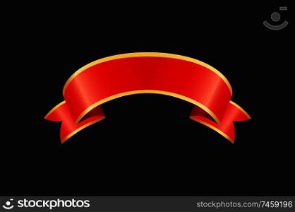 Ribbon red curved stripe blank banner sample. Empty stripe for filling text or slogan. Classic band frame tape icon closeup isolated on black, vector. Ribbon Curved Stripe Banner Vector Illustration