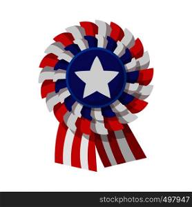 Ribbon rosette in the USA flag colors cartoon icon on a white background. Ribbon rosette in the USA flag colors cartoon icon
