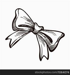 Ribbon tied in cute monochrome sketch outline vector monochrome sketch outline colorless tape used for decoration on holidays and celebrations on special occasions stripe design knot and ornaments. Ribbon tied in cute monochrome sketch outline