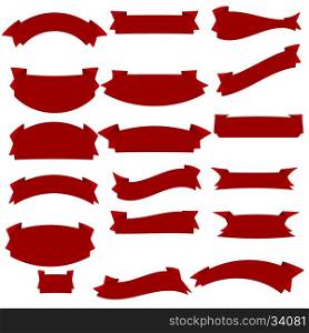 Ribbon vector icon set red color on white background. Banner isolated shapes illustration of gift and accessory. Christmas sticker and decoration for app and web. Label, badge and borders collection.