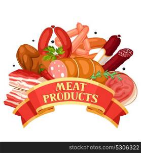 Ribbon with meat products. Illustration of sausages, bacon and ham. Ribbon with meat products. Illustration of sausages, bacon and ham.