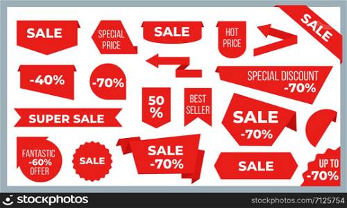 Ribbons and banners. Sale price tags and discount offer stickers graphic design template. Vector new shape red ribbon labels, icon, badges for hot advertising or promo sale. Ribbons and banners. Sale price tags and discount offer stickers graphic design template. Vector ribbon labels