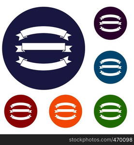 Ribbons icons set in flat circle reb, blue and green color for web. Ribbons icons set