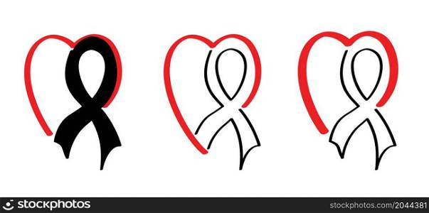 Ribbons with love heart pictogram. Flat vector medical logo. Awareness ribbon sign. Human, illl or sick symbol.